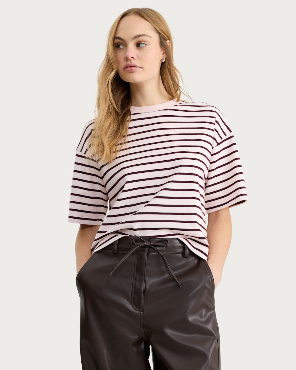 image 1 of F&F Pure Cotton Stripe Print Boxy Fit T-Shirt in Multi Pink