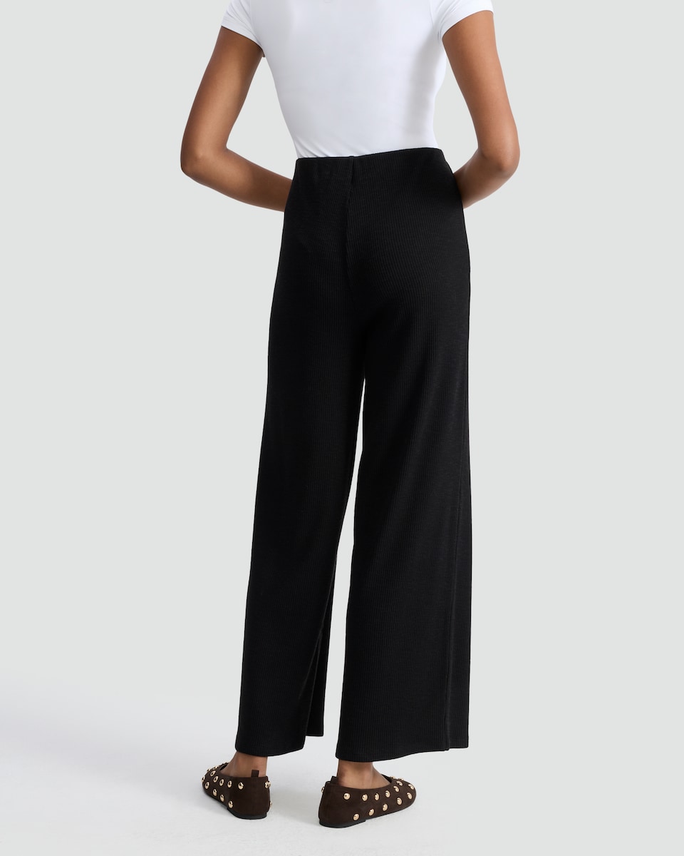 image 1 of F&F Cotton Blend Ribbed Wide Leg Trousers in Black