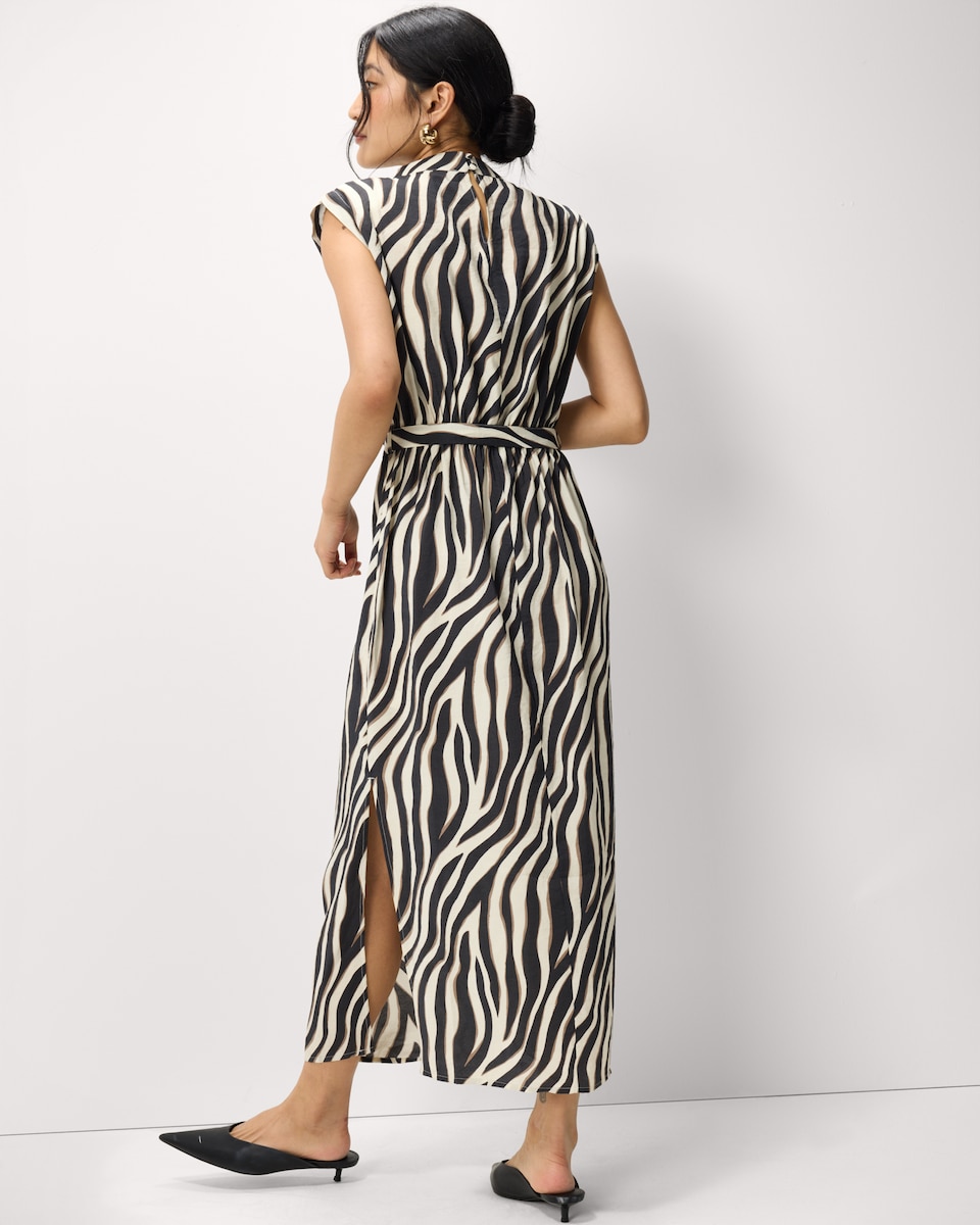 image 1 of F&F Zebra Print Tie Waist Sleeveless Midi Dress in Multi Brown