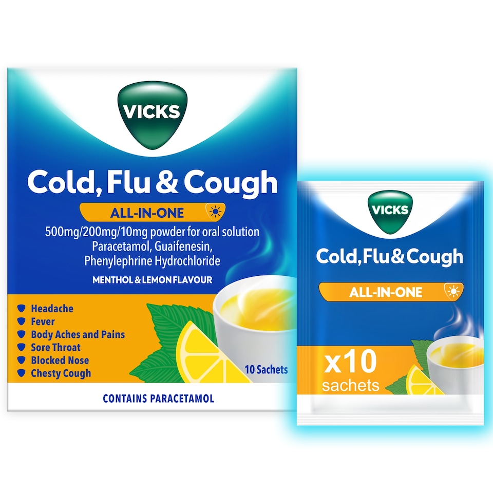 Vicks Cold, Flu & Cough All-in-One Menthol & Lemon Flavour 10 sachet