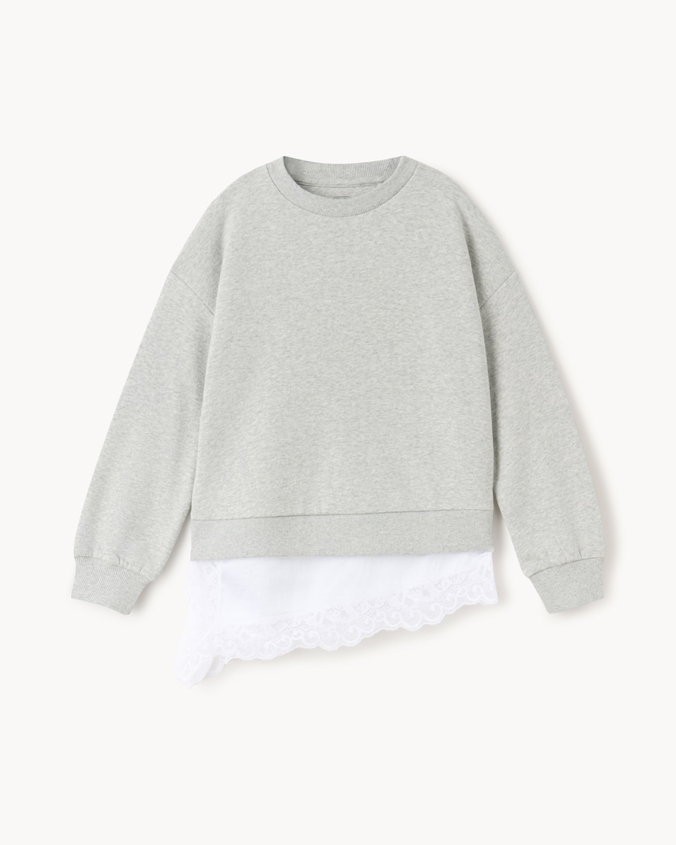 image 1 of F&F Girls Cotton Rich Lace Hem Sweatshirt in Grey