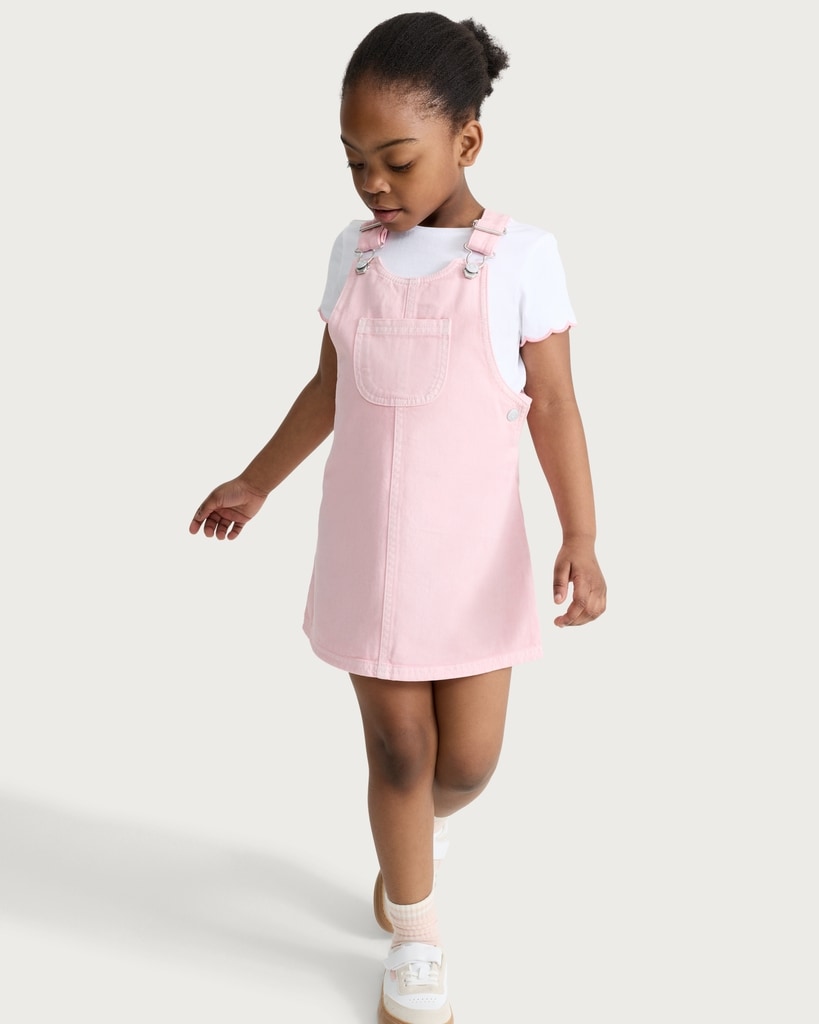F&F Girls 2-Piece Pure Cotton Denim Pinafore Dress and T-Shirt Set in Pink
