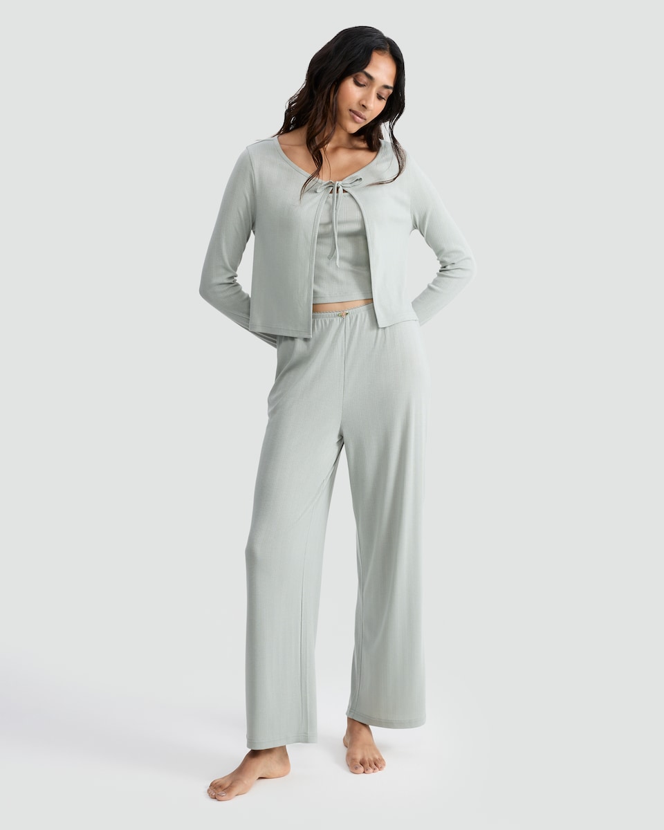 image 1 of Rise by Zara McDermott 2-Piece Pointelle Pyjama Cami and Cardigan Set  in Green