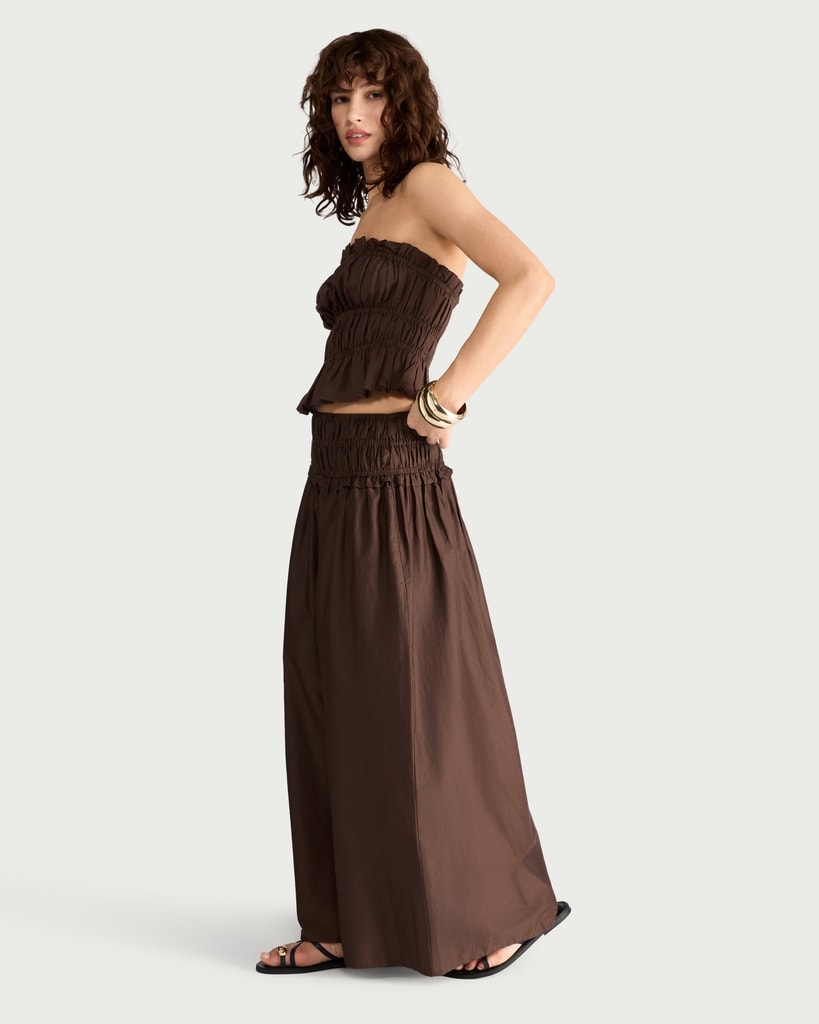 F&F Cotton Rich Smocked Waist Co-ord Maxi Skirt in Chocolate