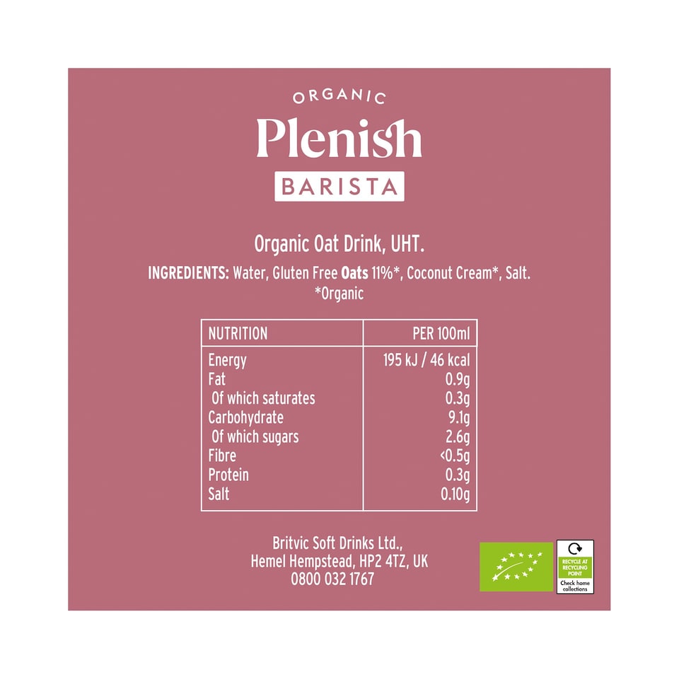 image 1 of Plenish Organic Barista Gluten Free Oat Drink 1L