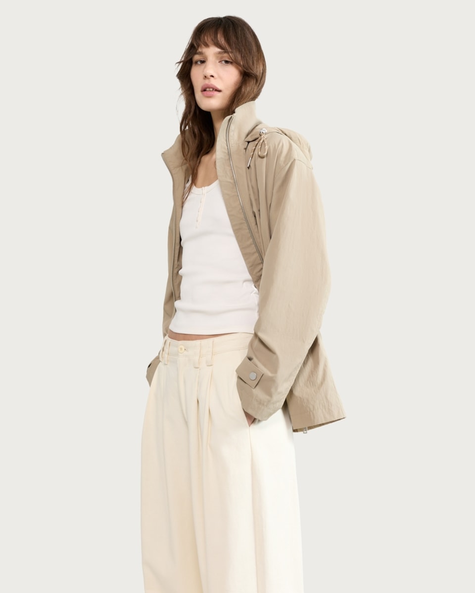 image 1 of F&F Cinched Waist Hooded Raincoat in Khaki