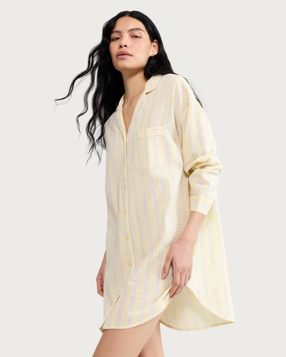 image 1 of F&F Pure Cotton Striped Pyjama Shirt in Multi Yellow