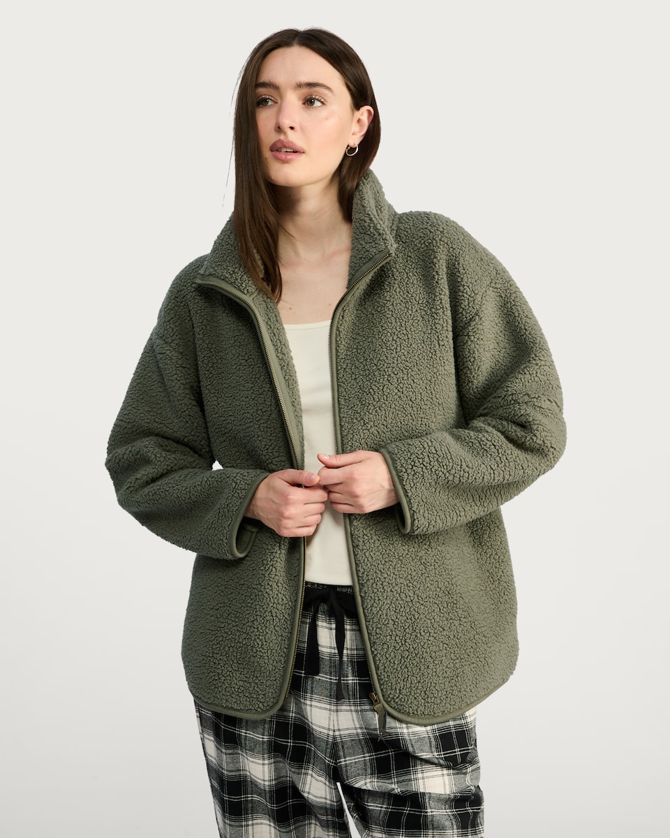 image 1 of F&F Fleece Zip Up Pyjama Top in Khaki