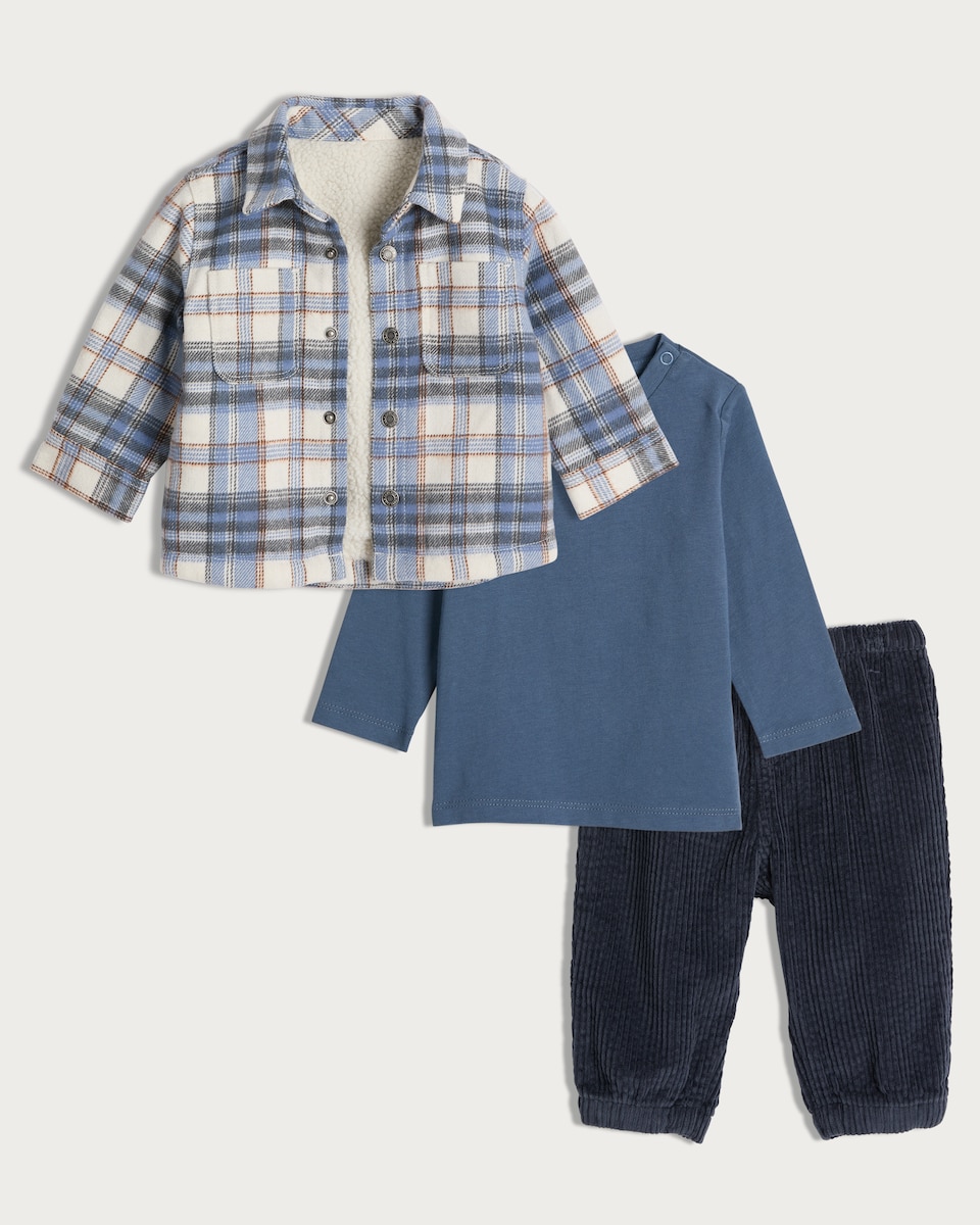 image 1 of F&F Baby 3-Piece Cotton Rich Shacket, Top and Trousers Set in Blue