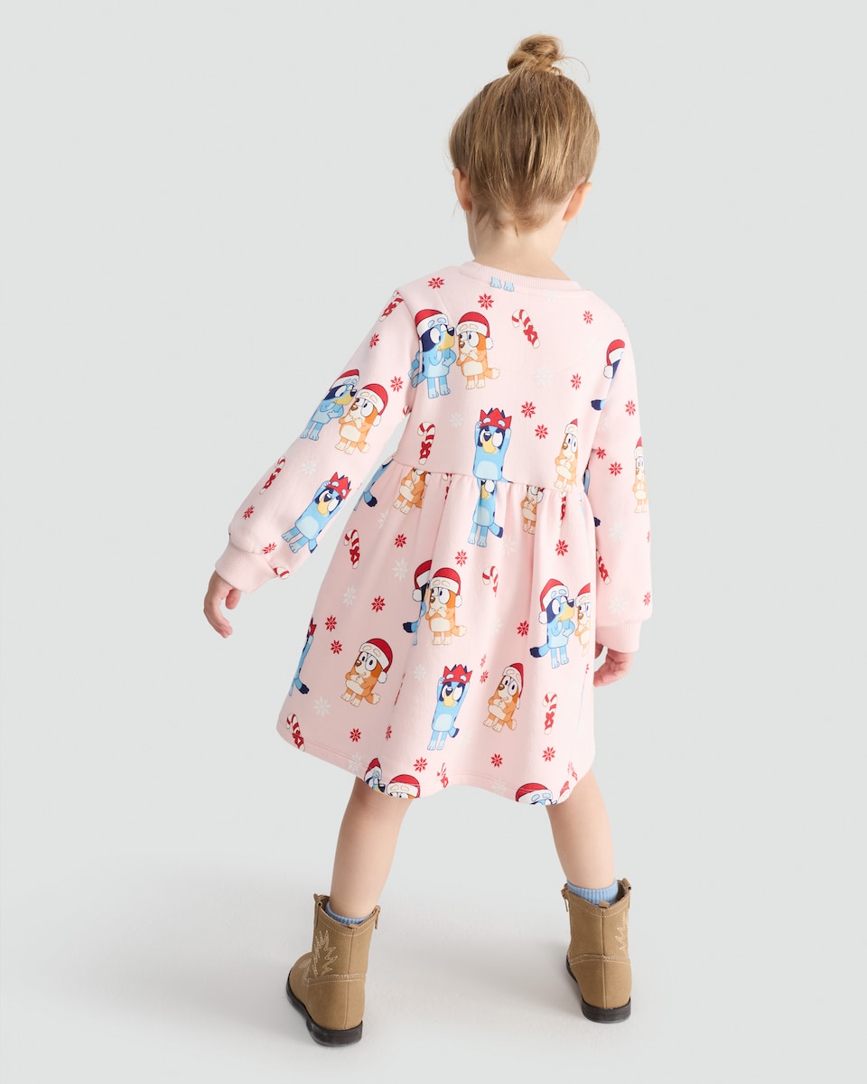 image 1 of Bluey Christmas Print Long Sleeved Sweat Dress in Pink