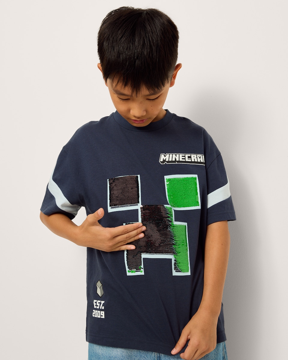 image 1 of Minecraft Pure Cotton Sequin T-Shirt in Grey