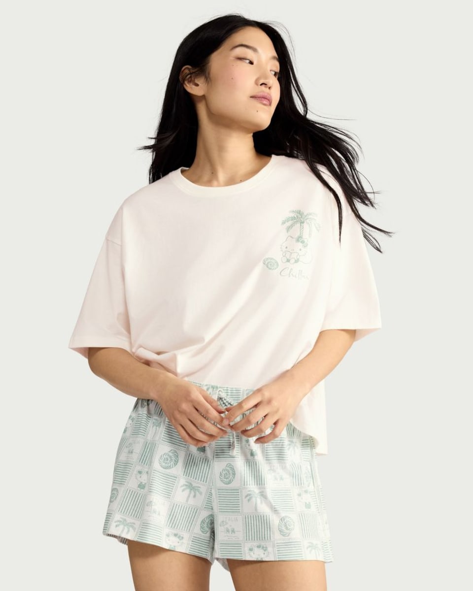 image 1 of Hello Kitty 2-Piece Pure Cotton Pyjama Set in Multi Green