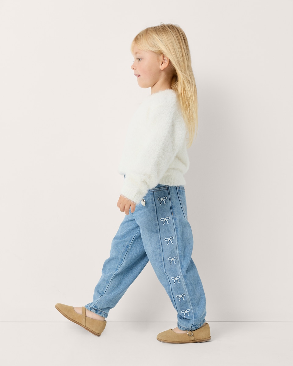 image 1 of F&F Girls Pure Cotton Embroidered Bow Barrel Leg Jeans in Blue