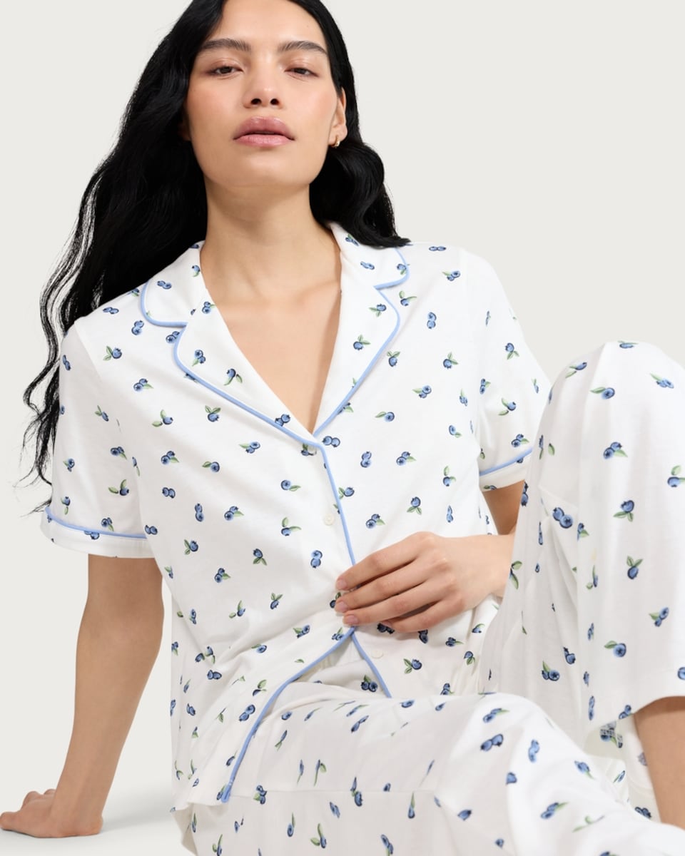 image 1 of F&F Pure Cotton Blueberry Print Pyjama Set in Multi White