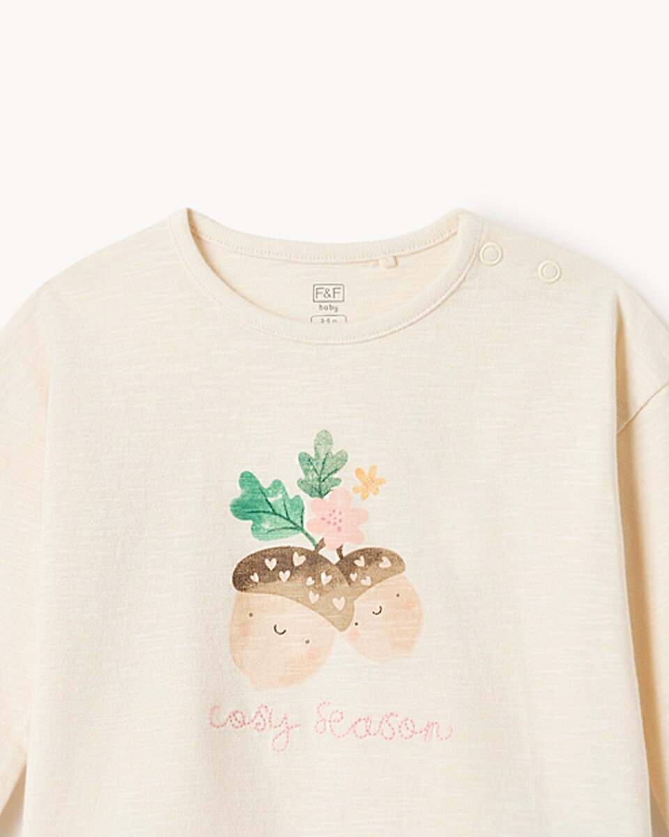 image 1 of F&F Baby Cotton Rich Floral Top and Ribbed Leggings Set in Cream