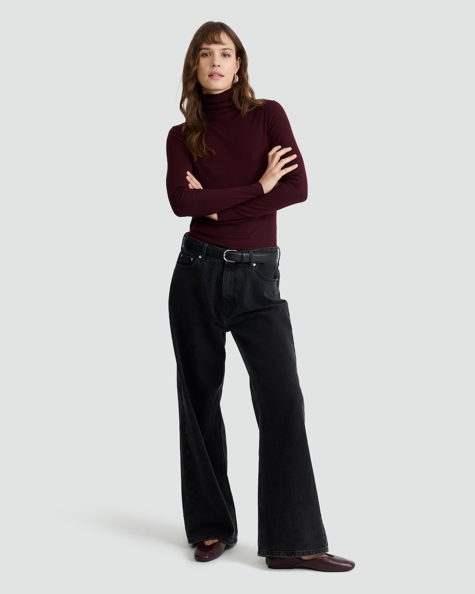 image 1 of F&F Roll Neck Long Sleeved Top with Wool in Burgundy