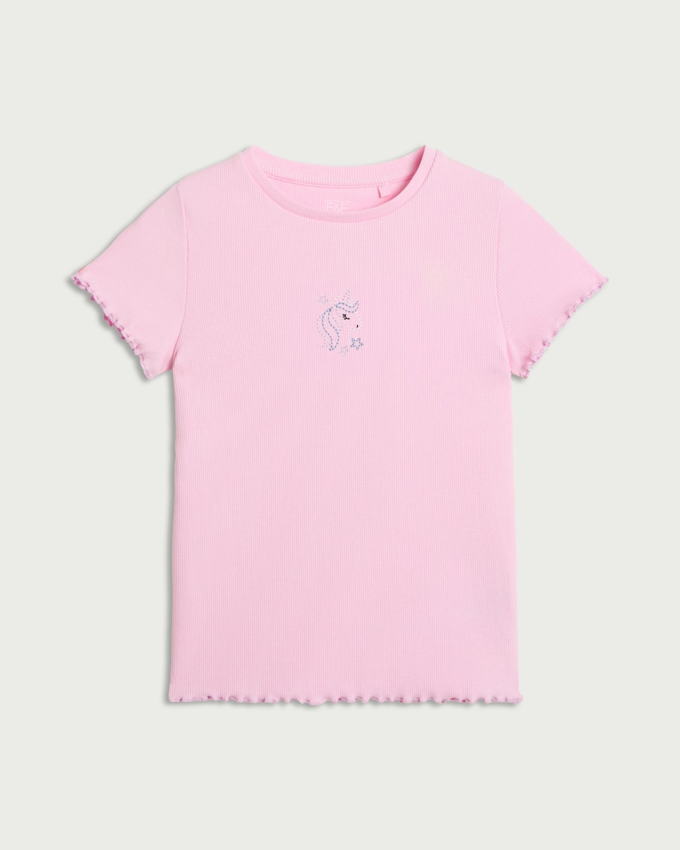 image 1 of F&F Girls Pure Cotton Unicorn Embroidered T-Shirt in Pink