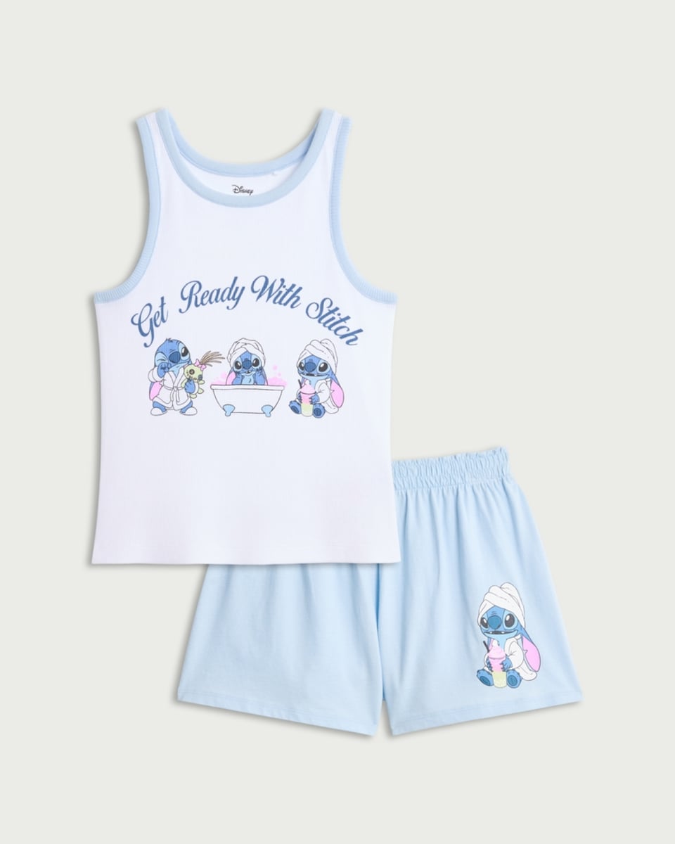 image 1 of Disney Stitch 2-Piece Pure Cotton Vest and Shorts Pyjama Set in Multi