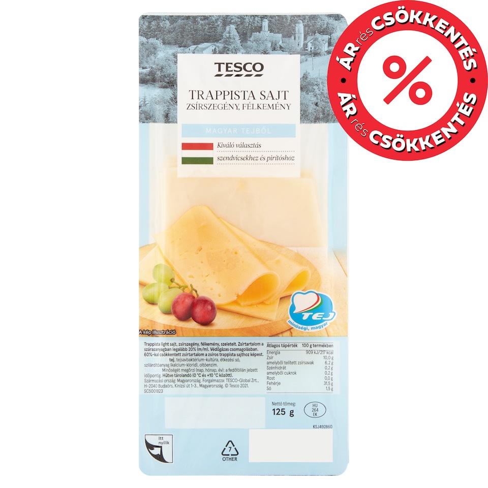 Tesco Sliced Low-Fat, Semi-Hard Trappist Cheese 125 g