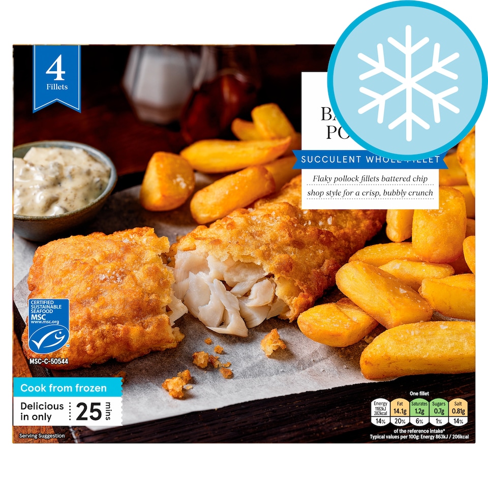 Tesco Battered Pollock 4 Fillets 600g