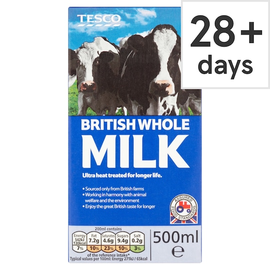 TESCO BRITISH WHOLE LONG LIFE MILK 500ML Tesco Groceries