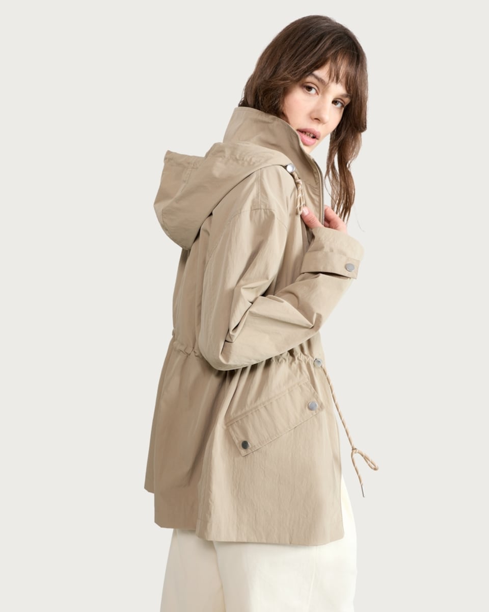 image 1 of F&F Cinched Waist Hooded Raincoat in Khaki