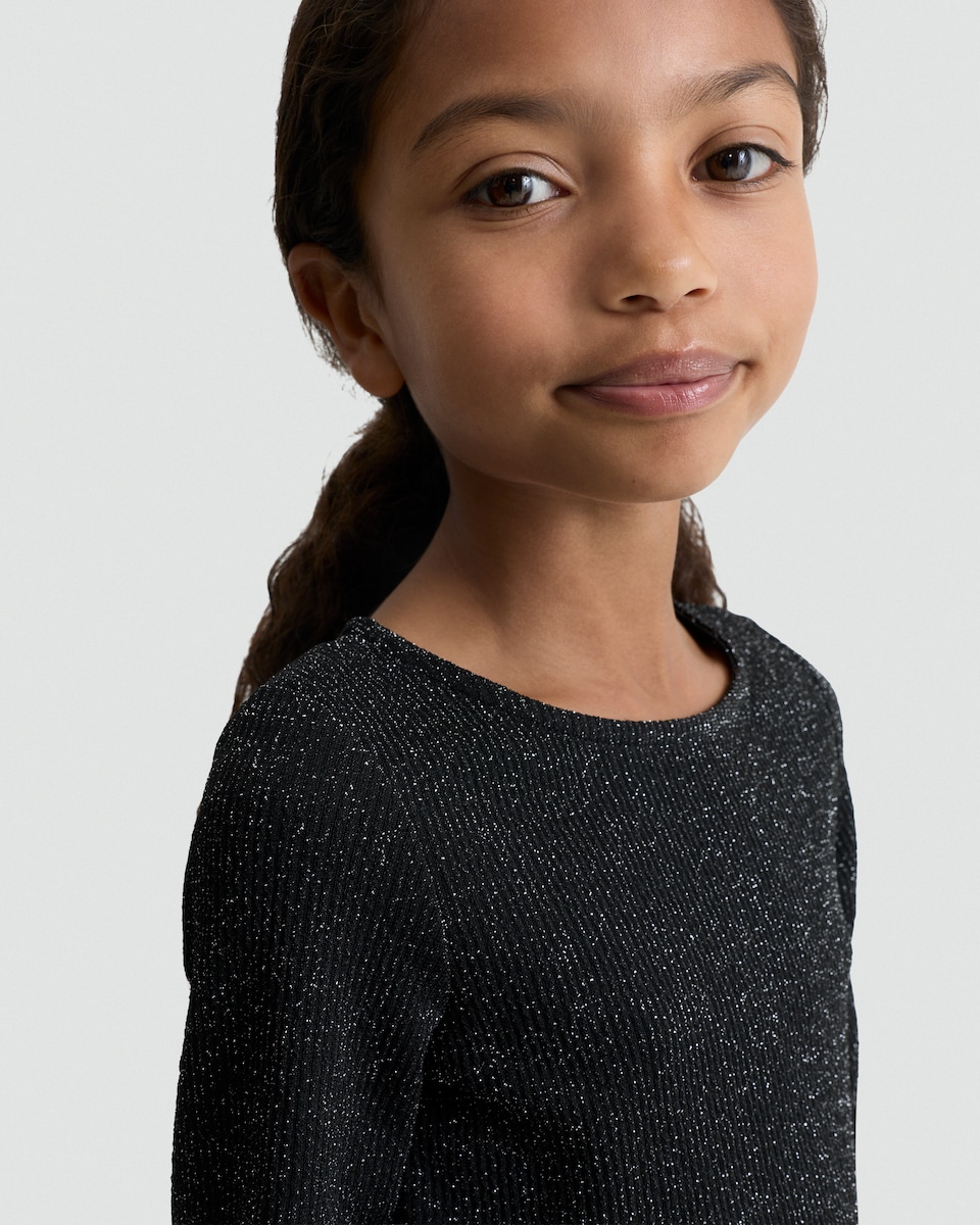 image 1 of F&F Girls 2-Piece Ribbed Glitter Top and Flared Legging Set in Black