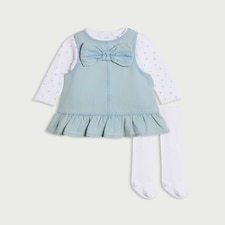 F&F Baby 3-Piece Floral Bodysuit, Denim Dress and Tights Set in Blue
