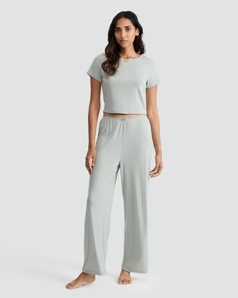 image 1 of Rise by Zara McDermott Pointelle Wide Leg Loungewear Trousers in Green