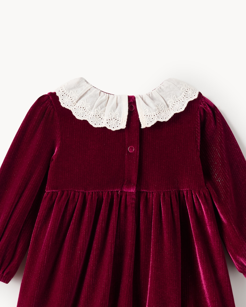 image 1 of F&F Baby Velvet Broderie Collar Dress in Red