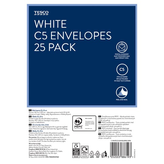 Tesco White C5 Envelopes 25Pk Tesco Groceries
