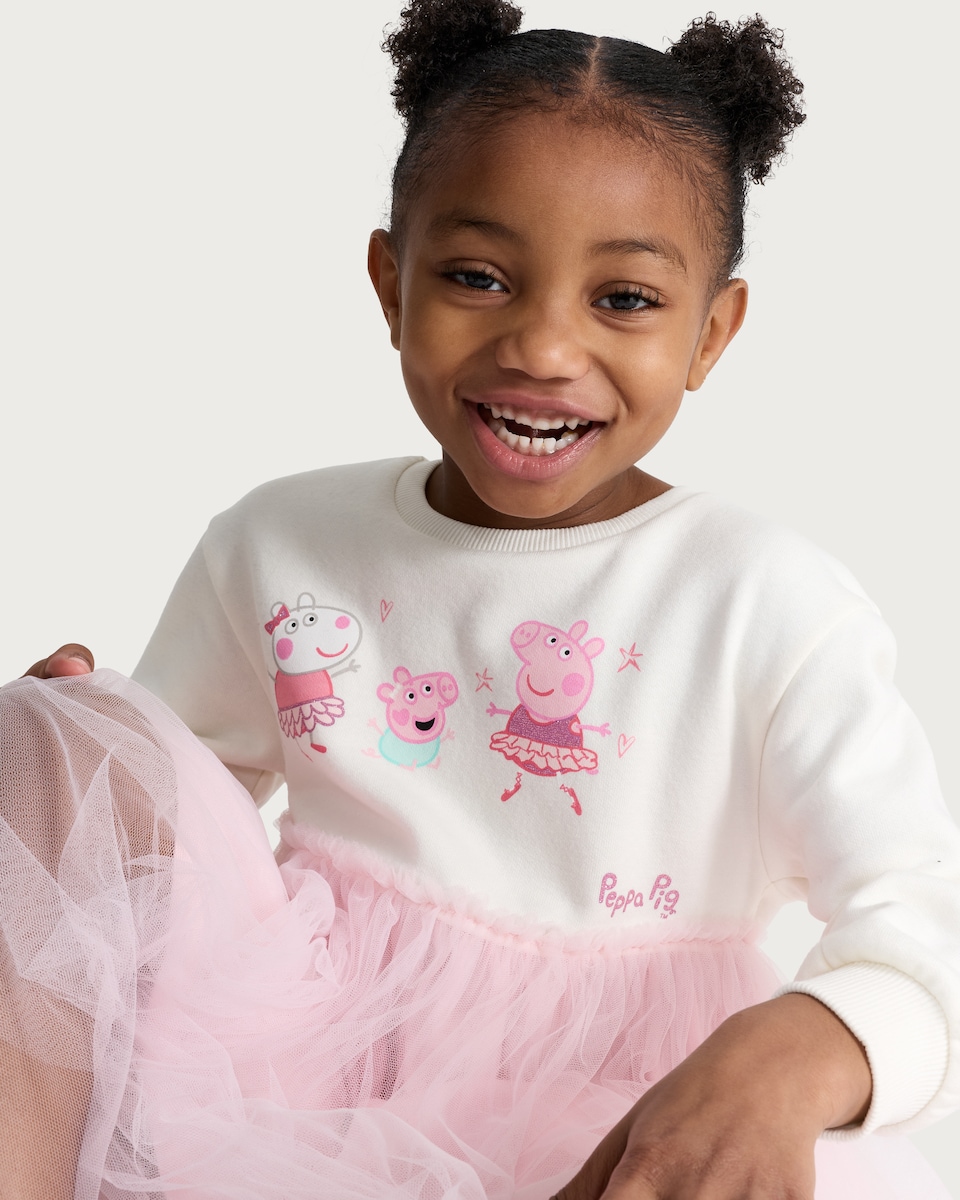 image 1 of Peppa Pig Cotton Rich Long Sleeved Tulle Sweatdress in Cream