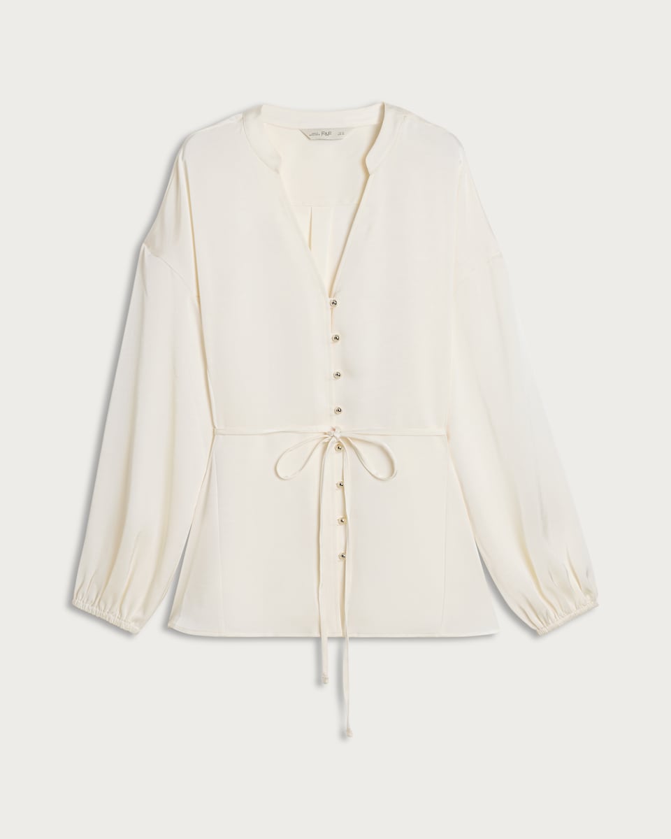 image 1 of F&F Satin Button Front Tie Waist Blouse in Cream