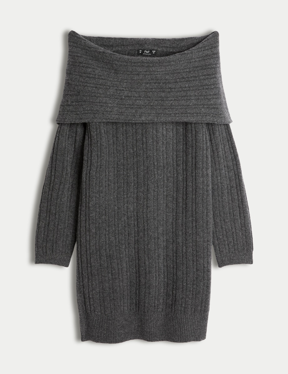 image 1 of F&F Ribbed Knitted Off Shoulder Dress with Wool in Grey