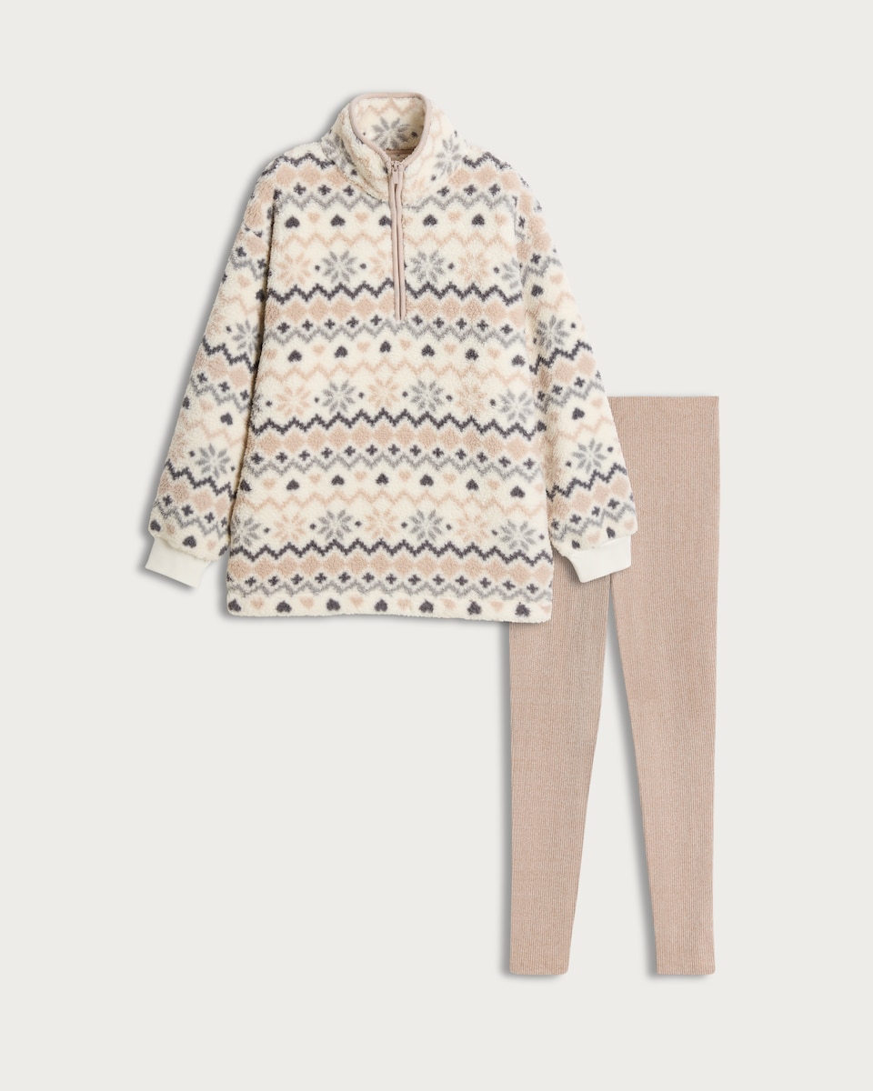 image 1 of F&F Borg Fair Isle Half Zip Jumper and Ribbed Leggings Pyjama in Cream