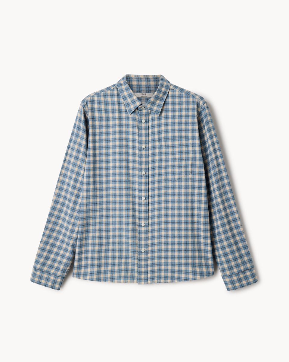 image 1 of F&F Pure Cotton Brushed Checked Shirt in Blue