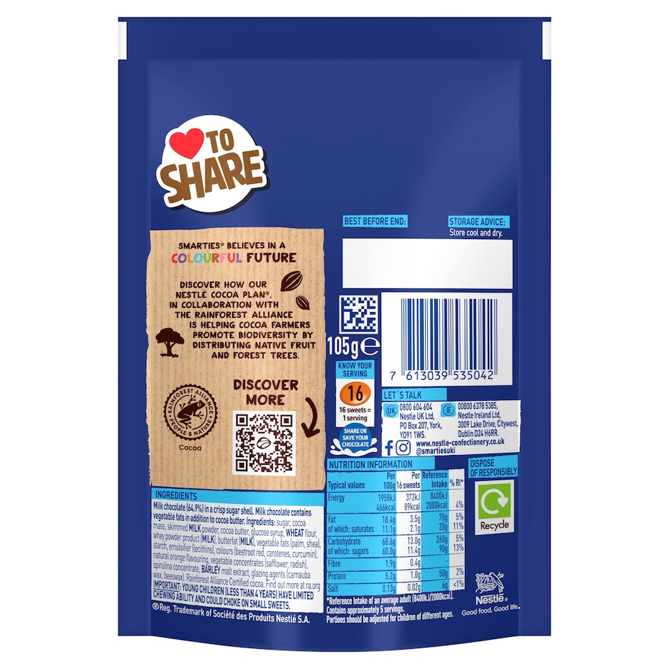 image 1 of Smarties Milk Chocolate Sharing Bag 105g 