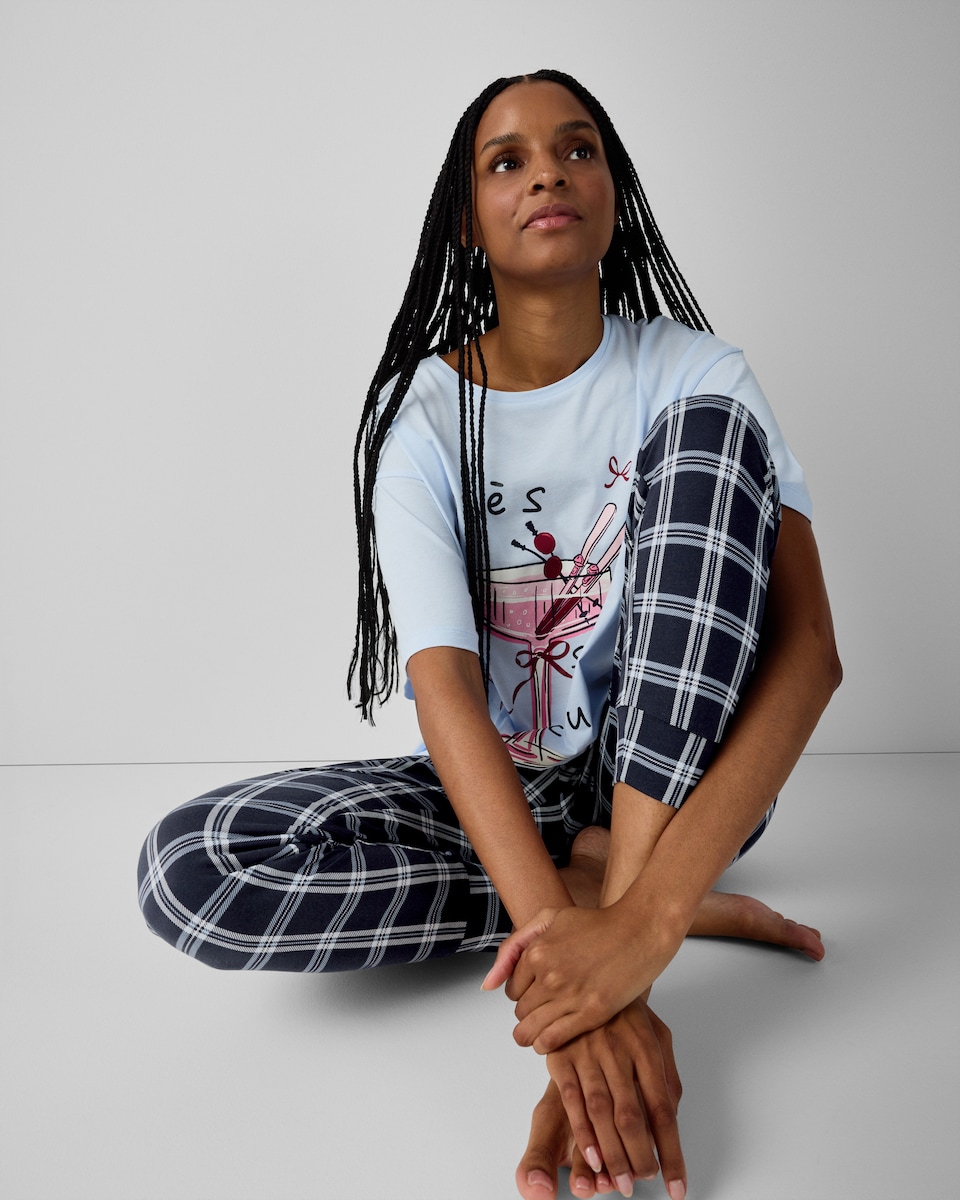 image 1 of F&F Pure Cotton Check Pyjama Bottoms in Multi Blue