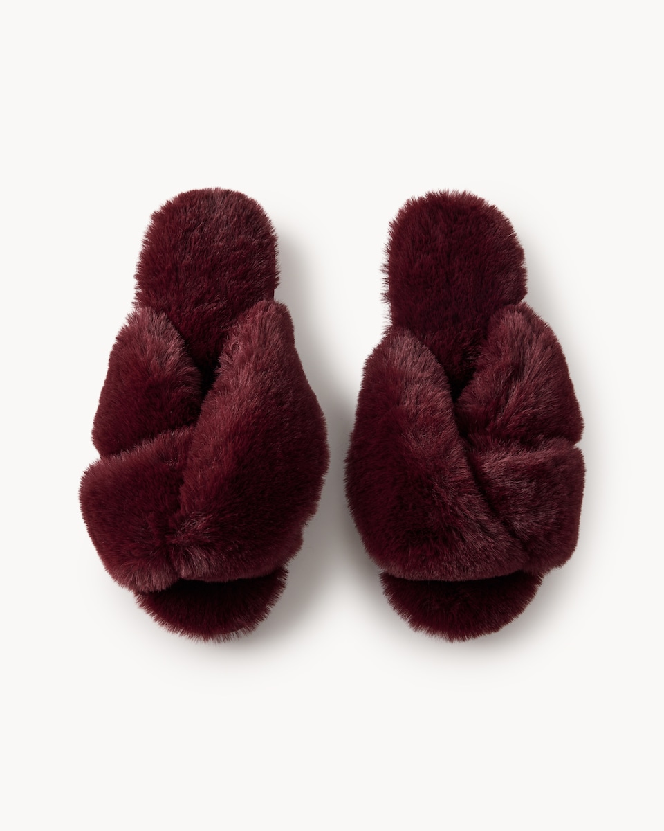 image 1 of F&F Faux Fur Crossover Slippers in Burgundy