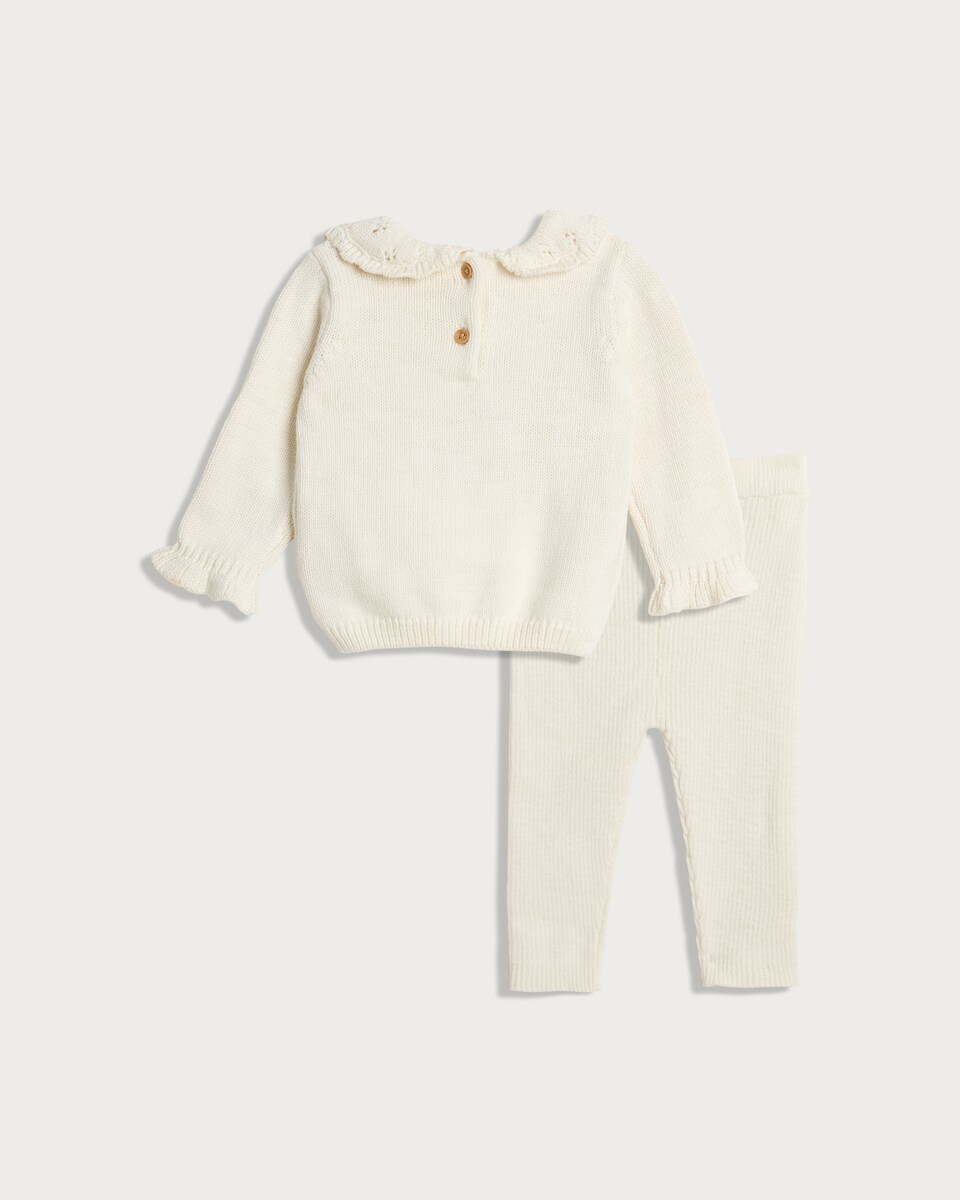 image 1 of F&F Baby 2-Piece Pure Cotton Knitted Bear Frill Jumper and Leggings Set in Cream