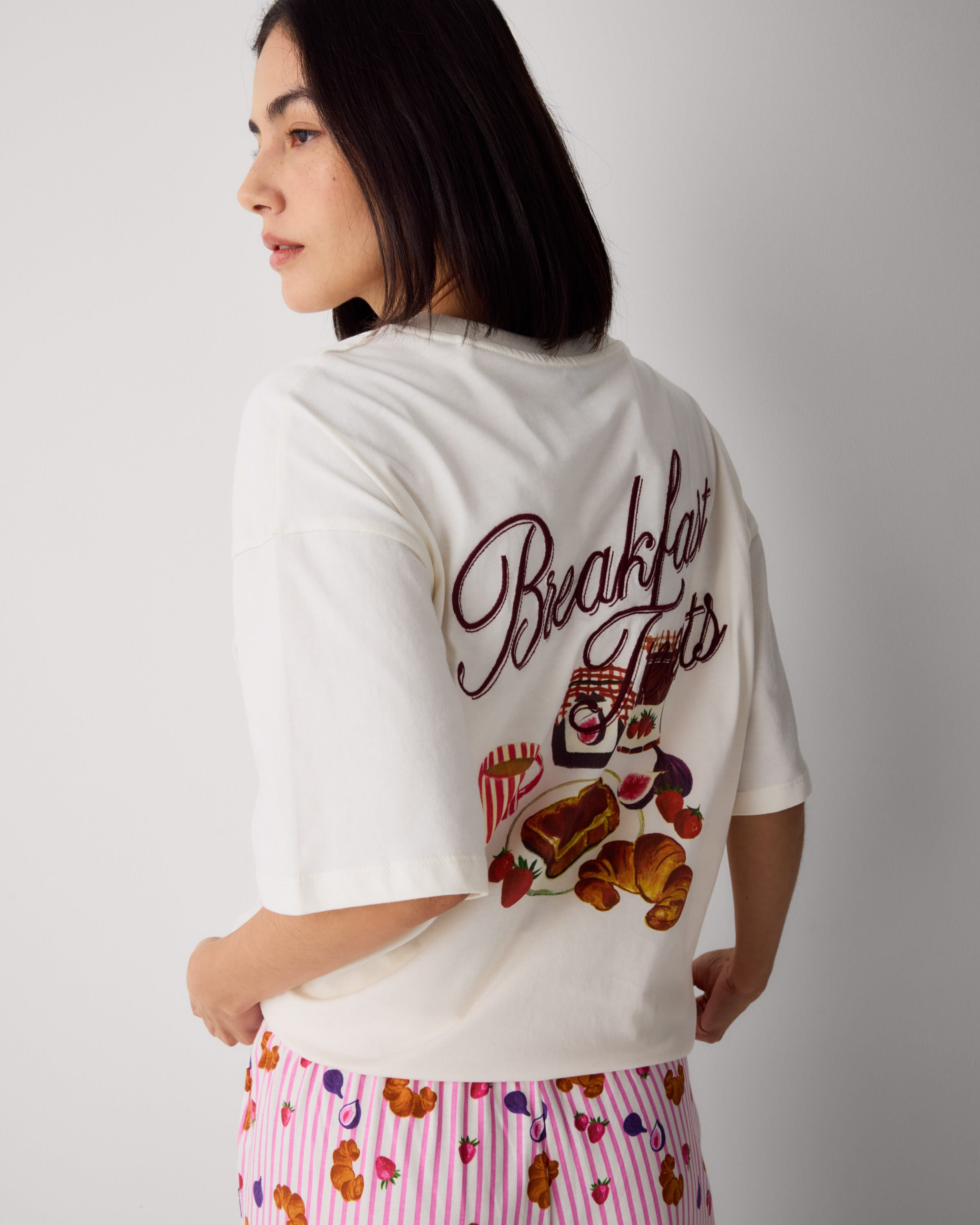 F&F Pure Cotton Breakfast Treats Top and Bottoms Pyjama Set in Multi White, S