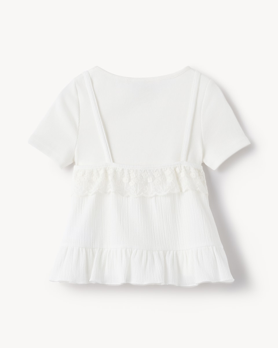 image 1 of F&F Girls Short Sleeved Lace Trim Top in White
