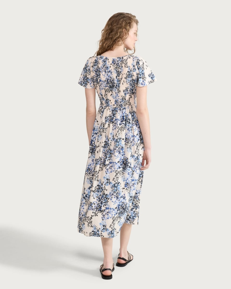 image 1 of F&F Floral Print Shirred Angel Sleeved Midi Dress in Multi Blue