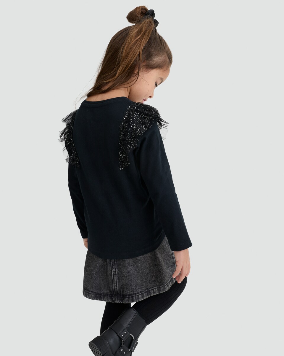 image 1 of F&F Girls Pure Cotton Ruffle Shoulder Long Sleeved Top in Black