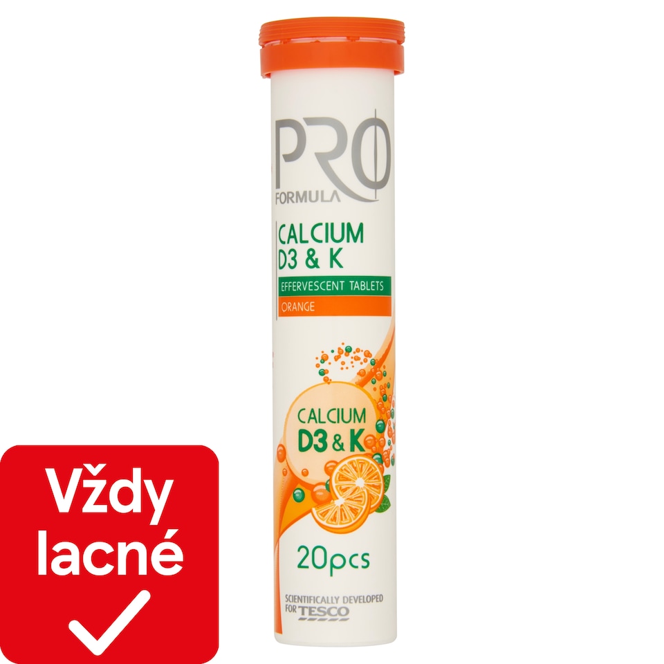 Tesco Pro Formula Šumivé tablety s vápnikom, vitamínom D a K s príchuťou pomaranča 20 tabliet 80 g