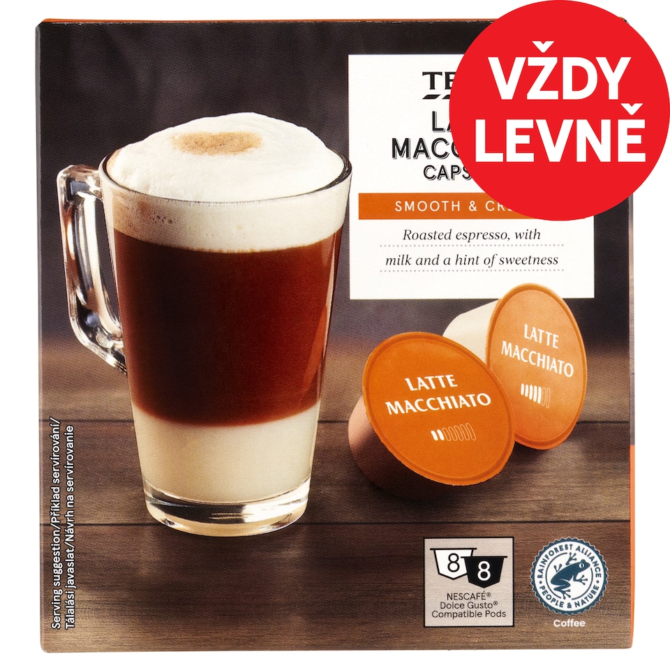 Tesco Směs pražené mleté kávy arabica a robusta a sušené plnotučné mléko (8 x 7g + 8 x 17,8g) 198,4g