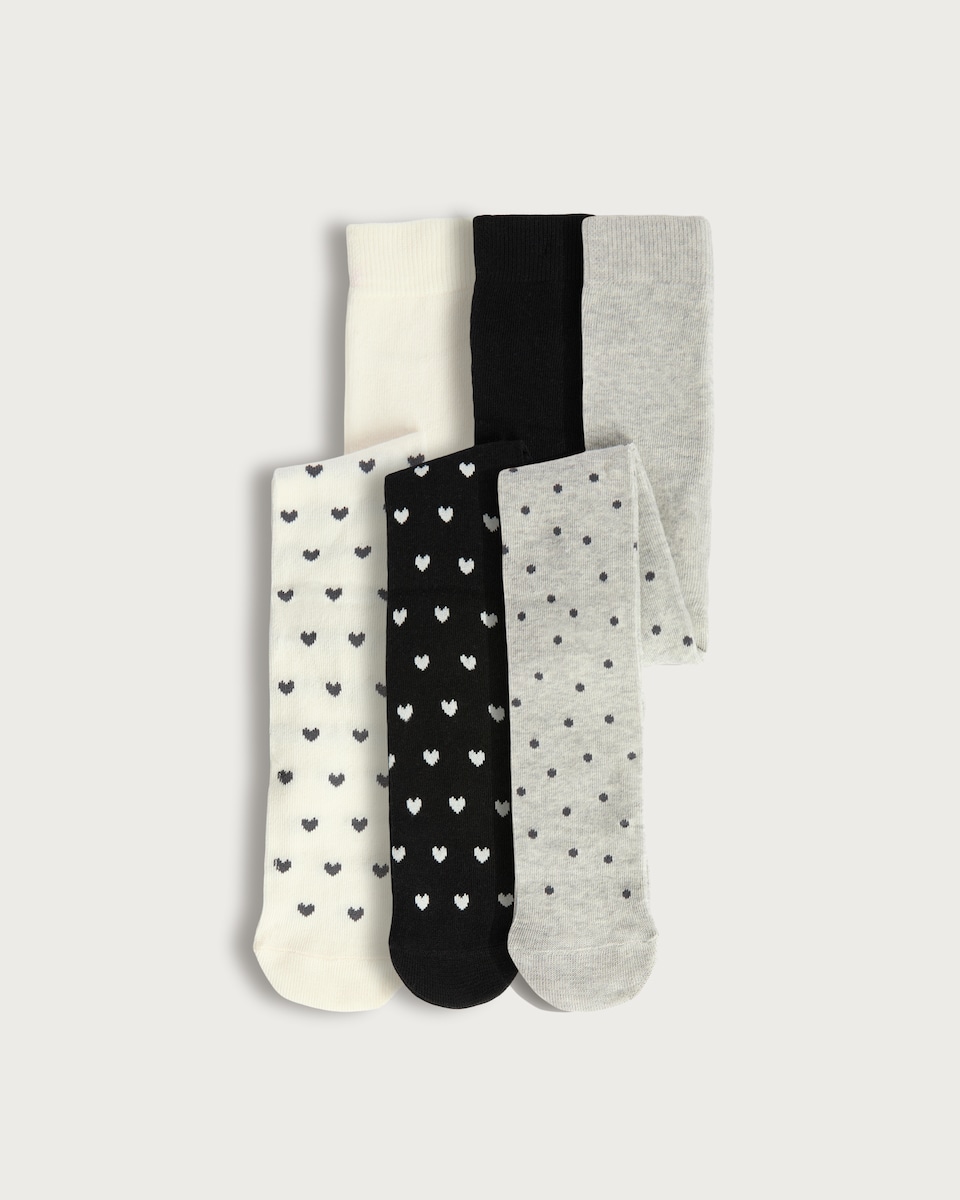 F&F Girls 3-Pack Supersoft Heart and Polka Dot Print Tights in Black Multi
