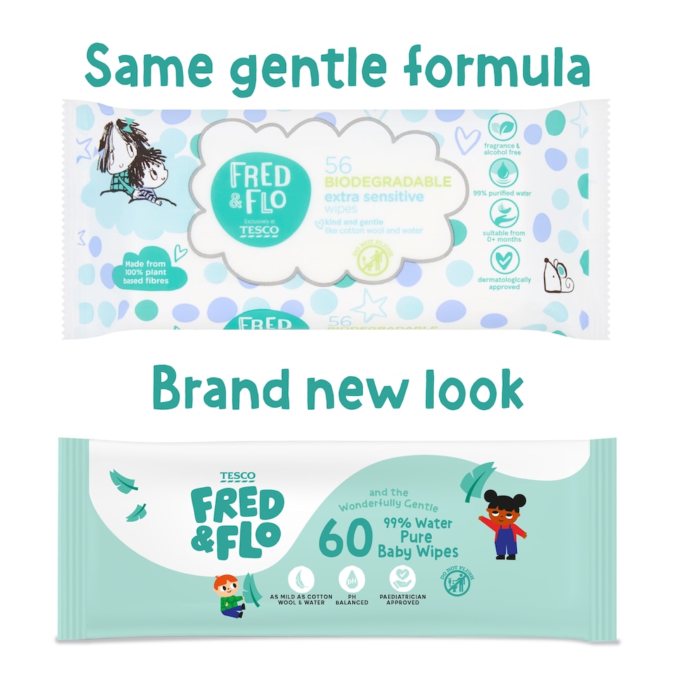 image 1 of Tesco Fred & Flo 99% Water Pure Baby Wipes 60 pack
