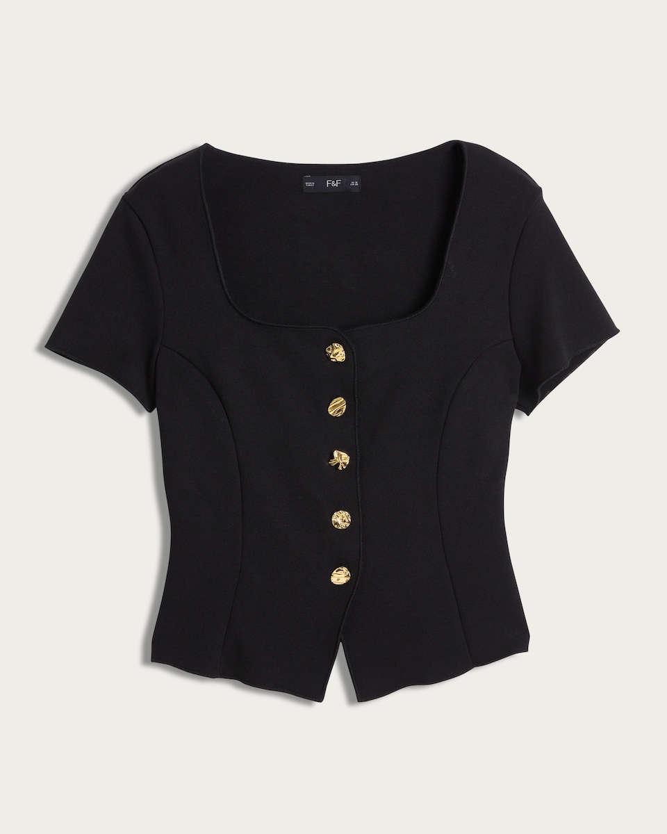 F&F Square Neck Buttoned Short Sleeved Top in Black