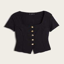 F&F Square Neck Buttoned Short Sleeved Top in Black